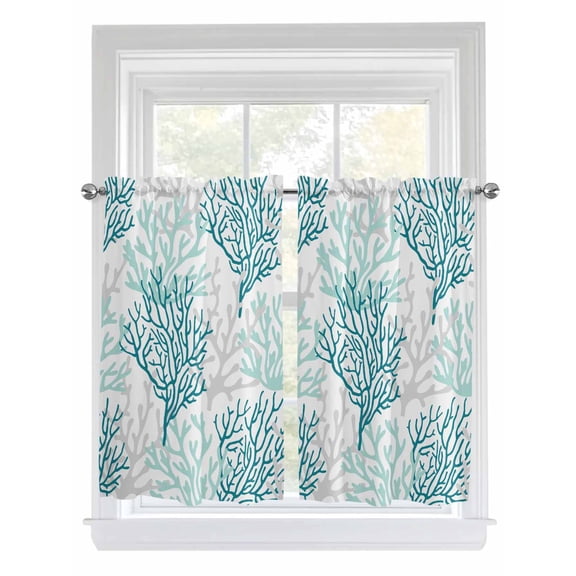 Tier Curtains 45 Inches Long, Teal Grey Coral Coastal Window Treatment Curtain Drapes, Summer Beach Seaside Nautical Small Curtain Drapes for Bathroom Laundry Room, 27.5"x45", 2 Panels