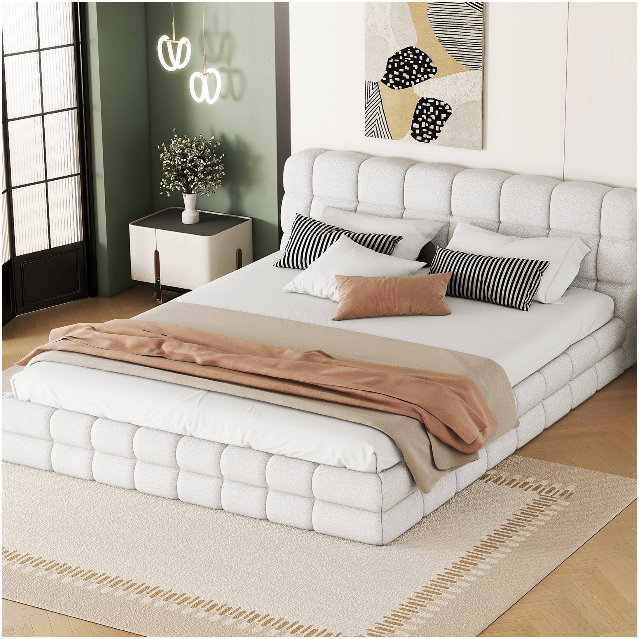 Queen Upholstered Bed Frame with Headboard, Modern Platform Bed with Wood Slat Support, No Box Spring Needed, White