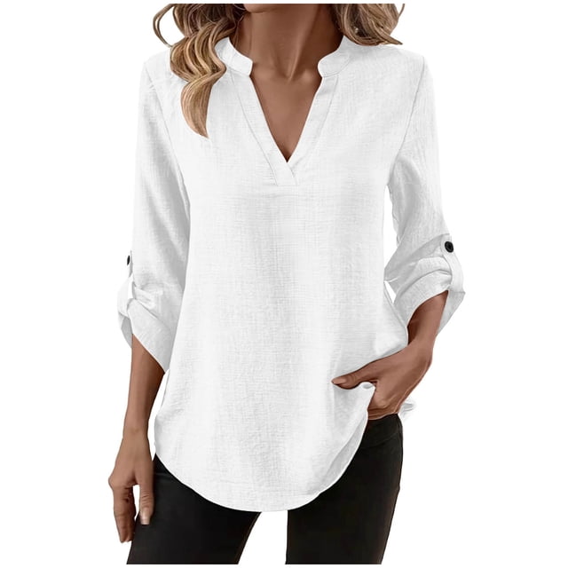 Camisas de Color Sólido para las Mujeres 3/4 Manga Manga Corta Cuello en V, Blusa Casual para Primavera Verano Diario