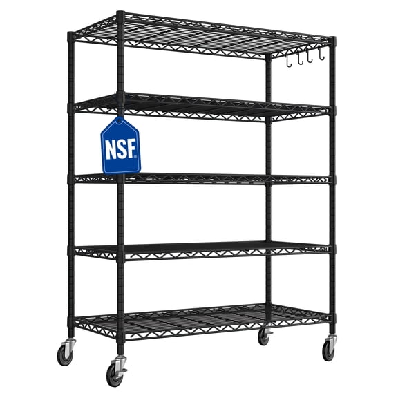 Prilinex 5-Tier Storage Shelves, 48"W x 24"D x 76"H Metal Garage Shelving with Wheels, Heavy Duty Wire Shelving Rack for Kitchen, Black