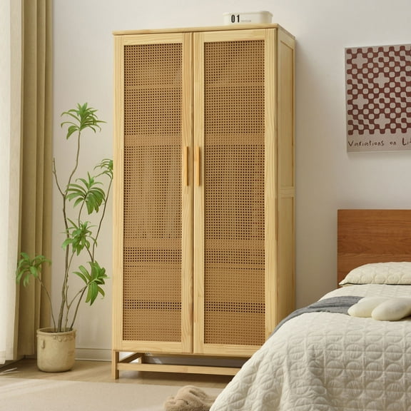 Solid Wood Wardrobe Rattan Doors