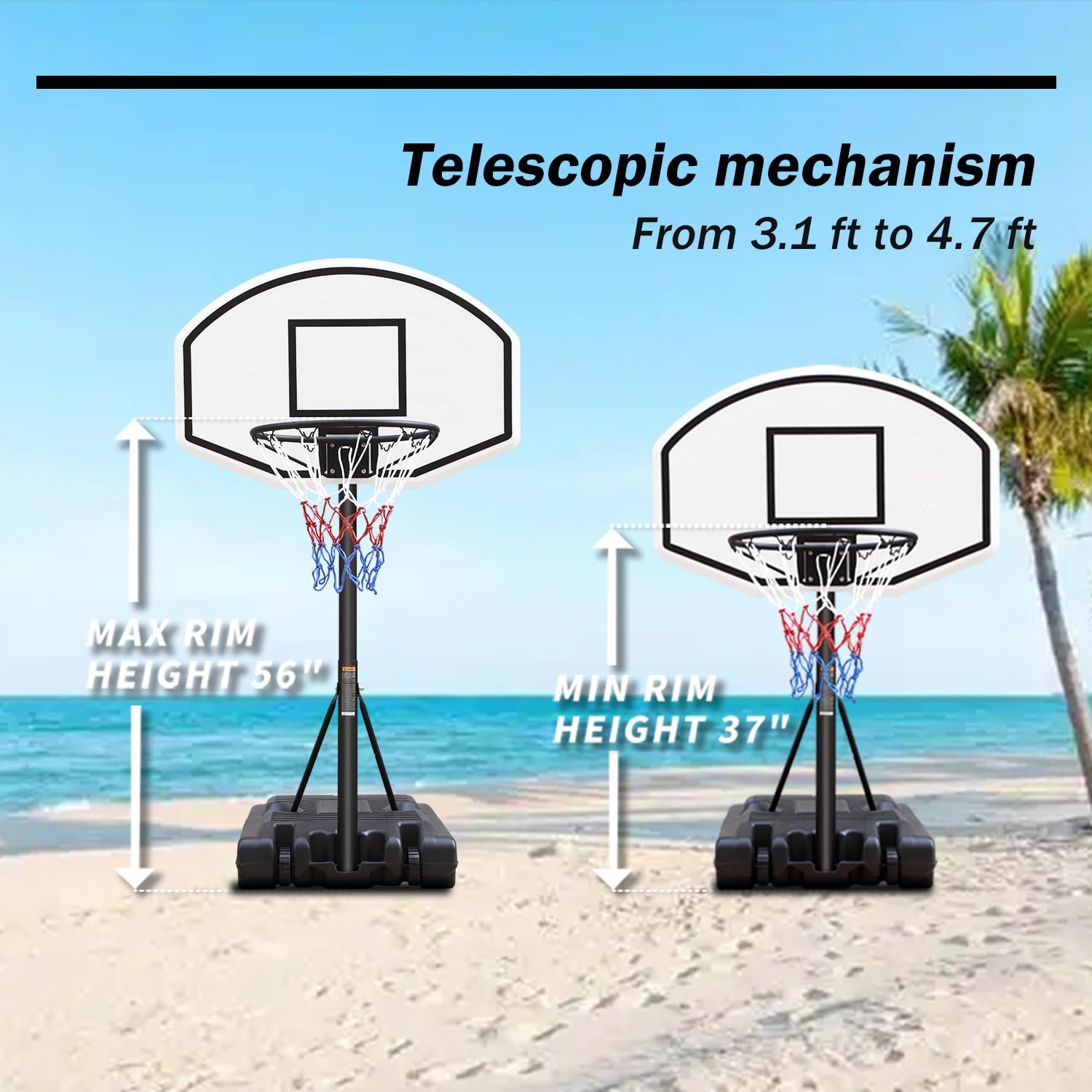 HooKung Portable Pool Side Basketball Hoops Height Adjustable 3.1ft-4.7ft Basketball System 35'' Backboard with Wheels for children Teenagers Youth Adults