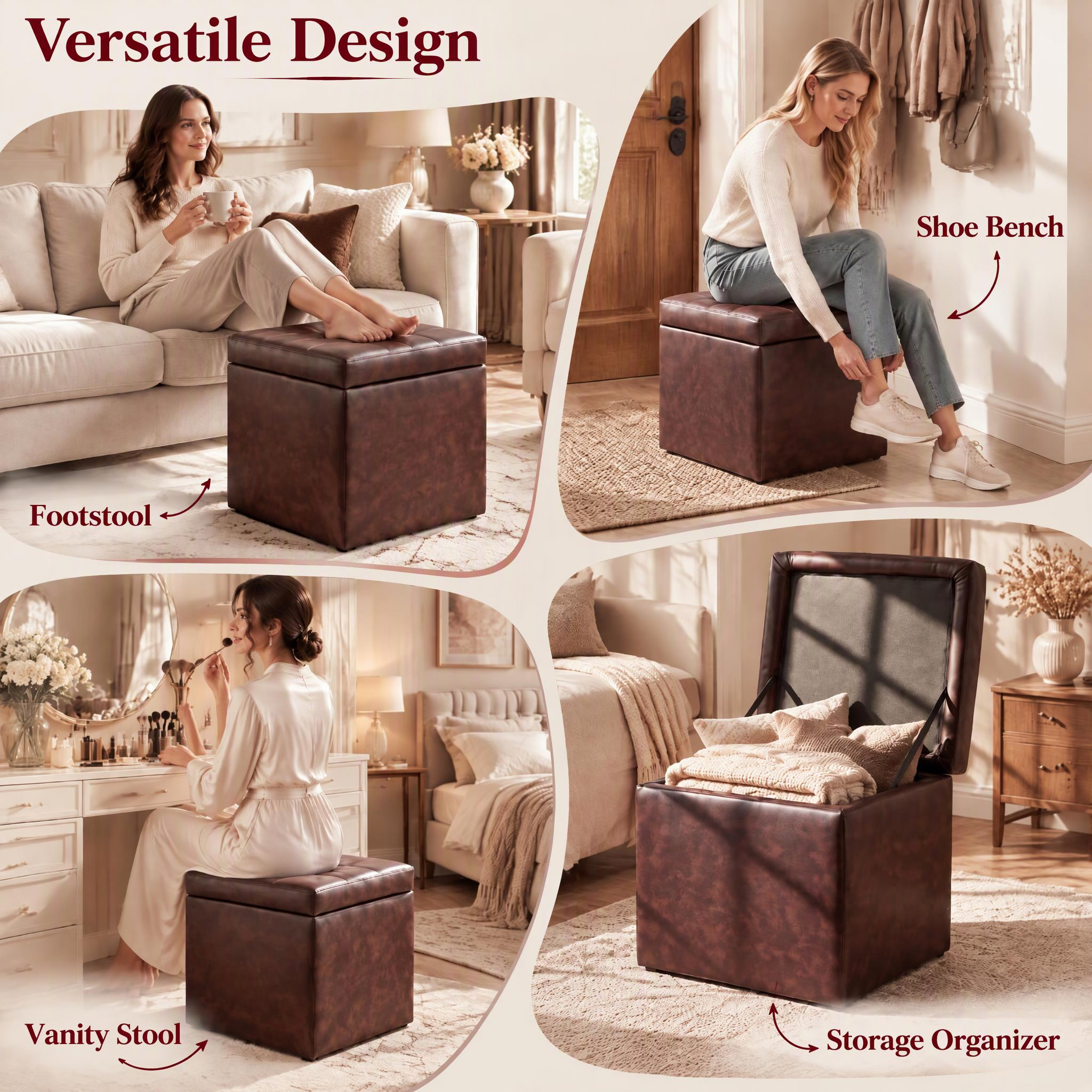 Costway 16" Cube Ottoman Storage Box, Red Brown photo 7