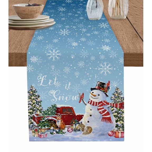Blue Snowman Christmas Table Runner 72 Inches, Snowflake Red Truck Xmas Tree Gifts Bed Runner Dresser Scarves Tabletop for Indoor Outdoor Parties/Ceremony/Banquet, 16" x 72"
