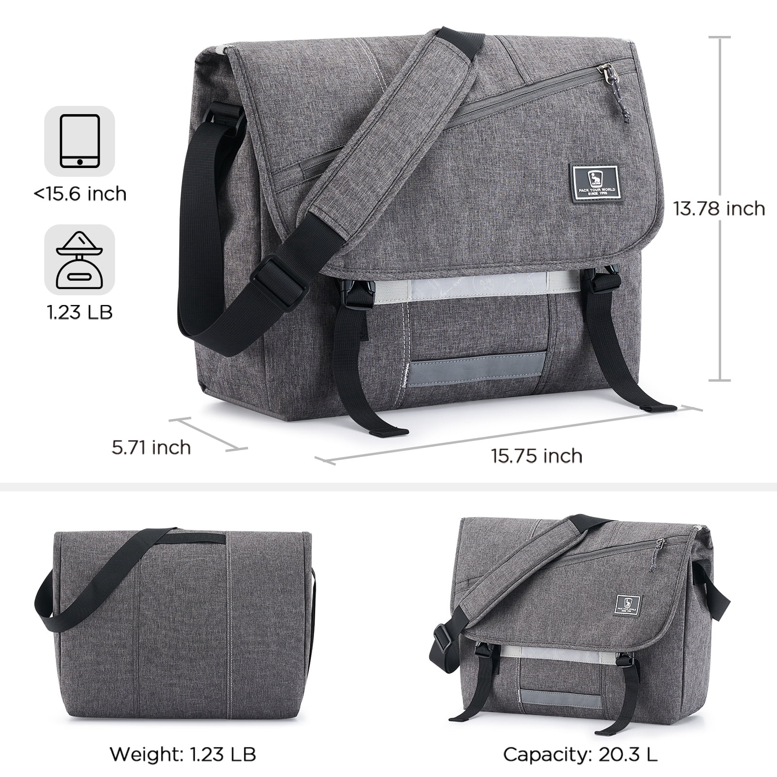 OIWAS 15.6 inch Laptop Messenger Briefcase for Men Women, Large Casual Satchel with Shoulder Strap, Gray