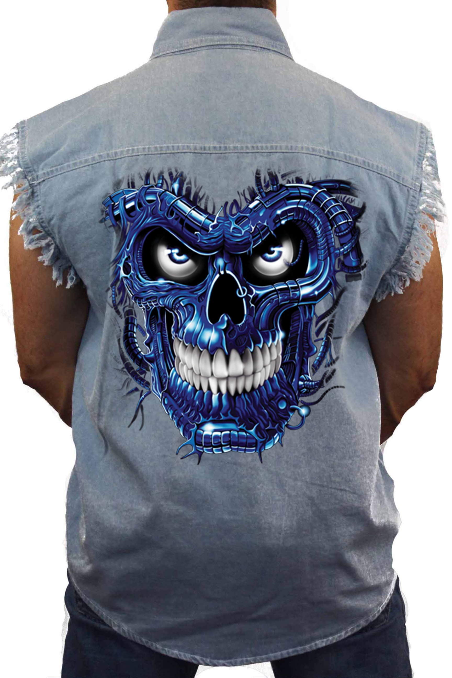 SHORE TRENDZ Mens Sleeveless Denim Shirt Blue Robotic Skull Biker