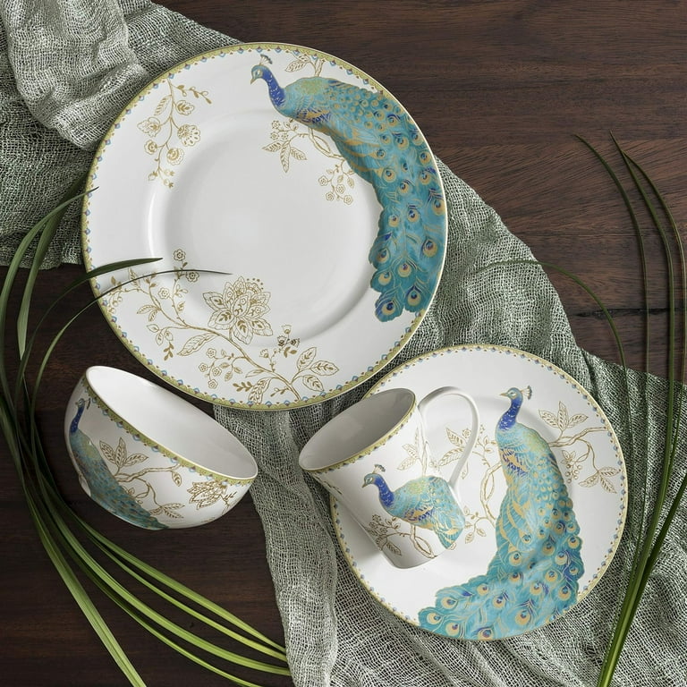 222 Fifth Peacock Garden 16-Piece Porcelain Dinnerware Set, Blue
