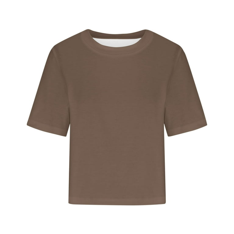 Elvqul Cute Shirts for Teen Girls Crew Neck Short Sleeve Brown T shirt Solid Oversized Crop Fashion Casual Tops