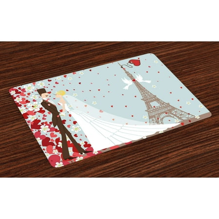 Wedding Placemats Set of 4 French Couple Hand Drawn Paris Eiffel Tower Getting Married Hearts Celebration, Washable Fabric Place Mats for Dining Room Kitchen Table Decor,Blue Red White, by (Best Places To Get Married In France)