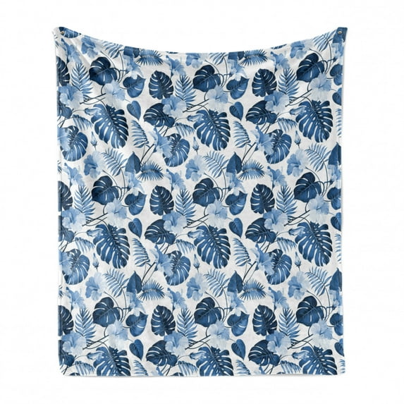 Hawaii Soft Flannel Fleece Throw Blanket, Branch of Arecaceae Tree Polynesian of Triumph and Victory Spring, Cozy Plush for Indoor and Outdoor Use, 60" x 80", Cobalt Blue Baby Blue, by Ambesonne