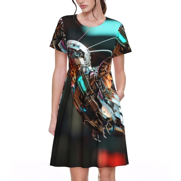 Disketp Futuristic Robot Hummingbird para Vestido de Manga Corta para Mujeres, Vestidos de Verano para Mujeres, Casual y Holgado para la Playa