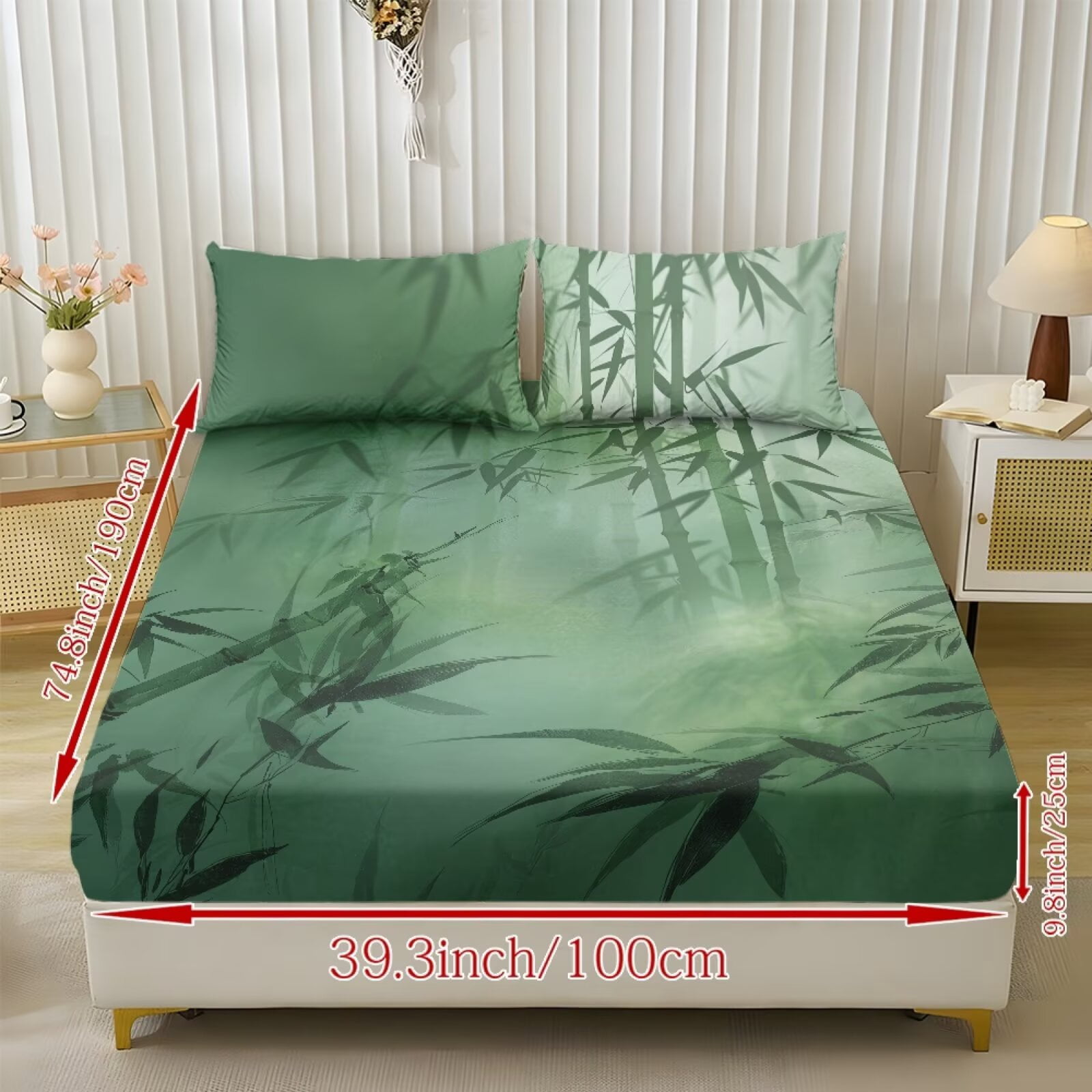 ZIATUBLES Oriental Bamboo Print Queen Size Sheet Set 3 Pcs, 1 Fitted Sheet and 2 Pillowcases, Oriental Style Bed Sheets with Elasticized 9.8" Pocket Soft Comfy Cooling Bedding Set