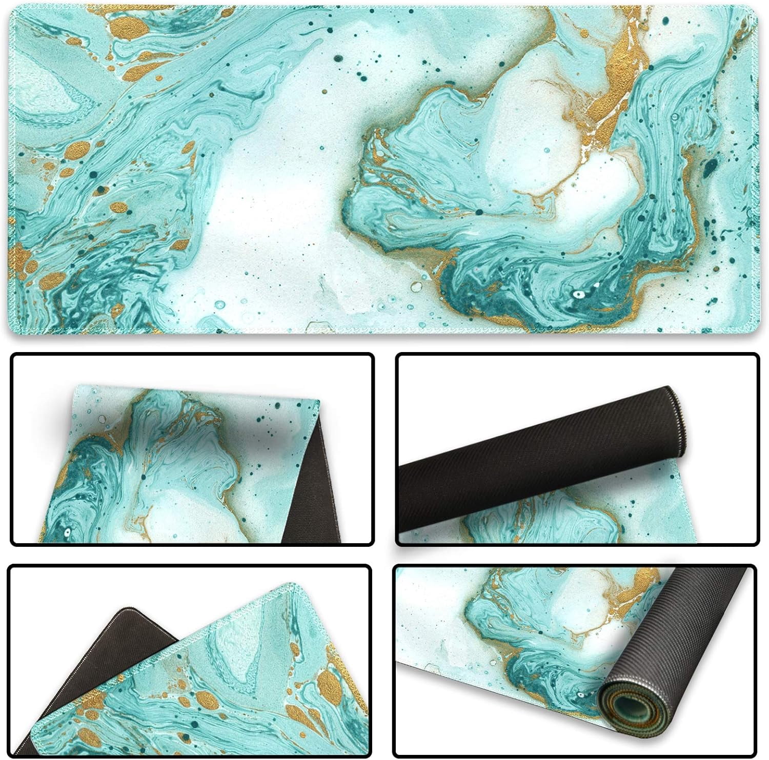 XXL Extended Gaming Mouse Pad - Teal Turquoise Marble Large Keyboard Mat, Non-Slip Rubber Base, Stitched Edges, Perfect for Work, Game, Office, Home, 35.1x15.7 Inch