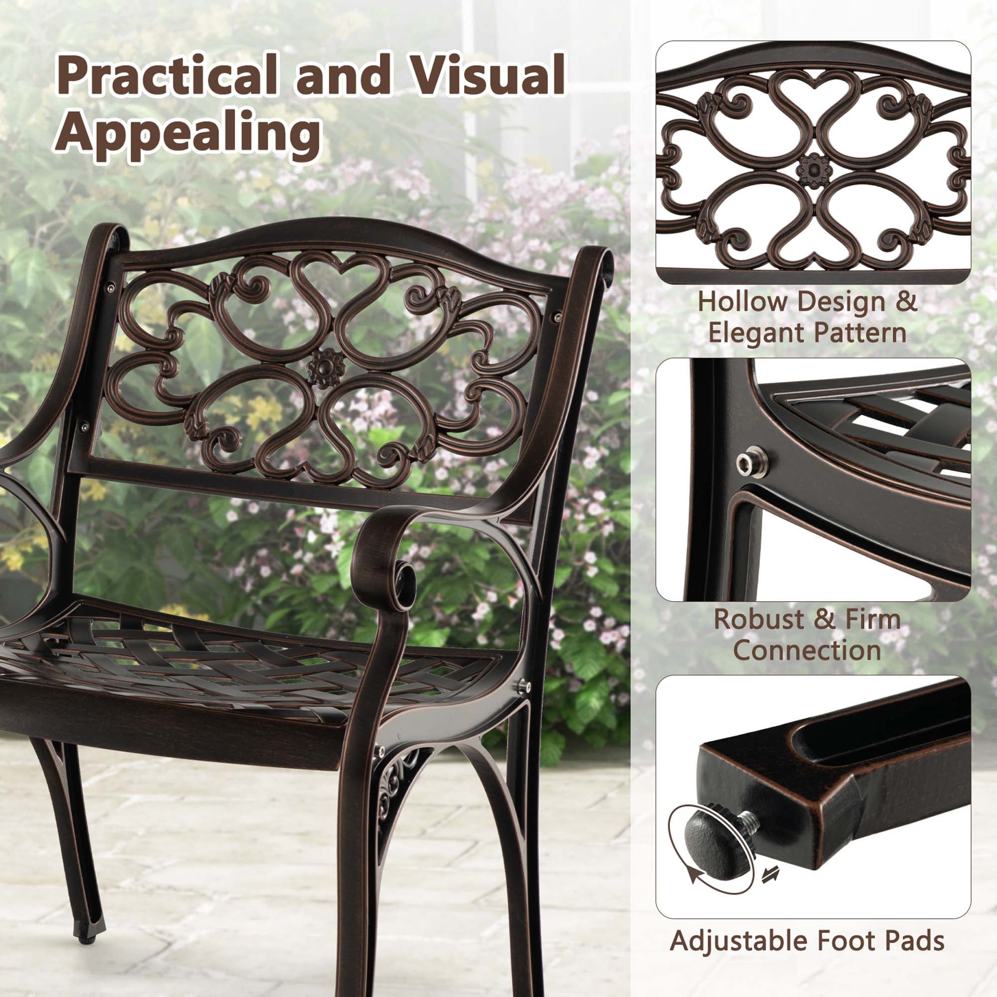 Costway 4 PCS Cast Aluminum Patio Chairs Set of 4 Outdoor Dining with Armrests & Curved Seats Bronze