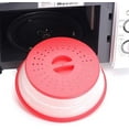 thumbnail image 2 of 2 in 1, Food Cover & Microwave Mat,Silicone Trivet, Pot Holders, Hot Pads, Drying, Baking, Place Mat,Collapsible Microwave Food Cover free TPR, 10.5inch, round with grip handle, Red, 2 of 5