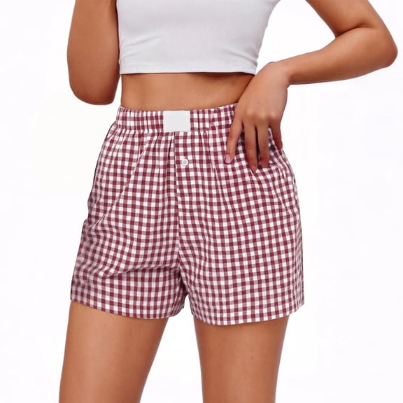 CYiJun Plaid Shorts for Women Summer Button Gingham Boxers Soft Beach Lounge Shorts with Pocket
