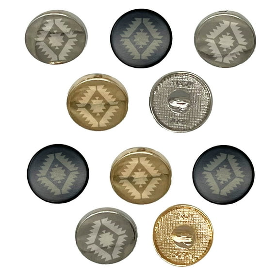 Southwestern Diamond Triangle Pattern Set of 10 Metal 0.6" (15mm) Sewing Shank Round Buttons - Gold Color