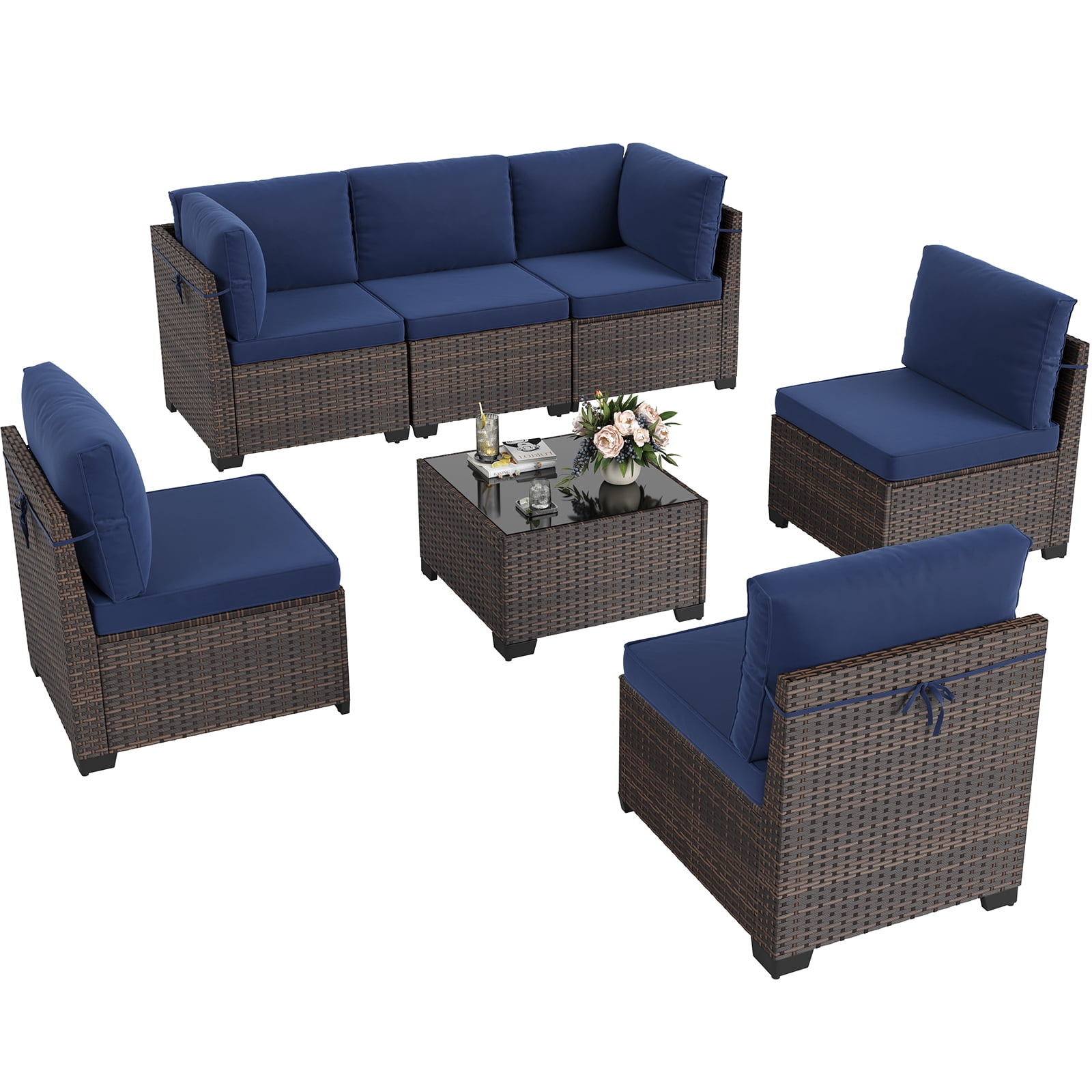 STARY 7 Pieces Outdoor Conversation Set, Patio Sectional PE Rattan Furniture Set for Backyard, Blue