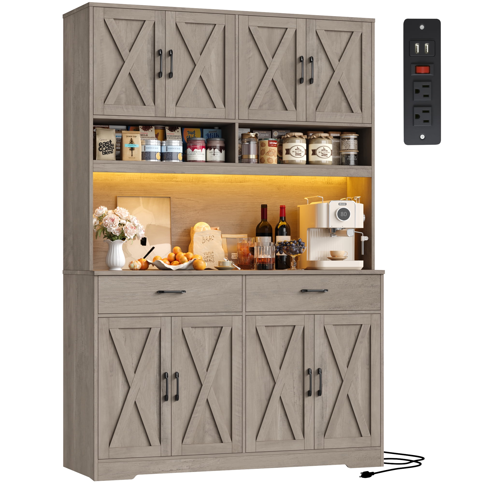 Hiphuta Farmhouse Kitchen Pantry Storage Cabinet, 75”H Freestanding Hutch with 8 Doors and 2 Drawers for Dining and Living Room, Ash Gray