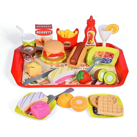 Play Kitchen Sets Pretend Food with Fast Food 40 PCs Play Food Toys Cutting Food Fruits for Kids Pretend