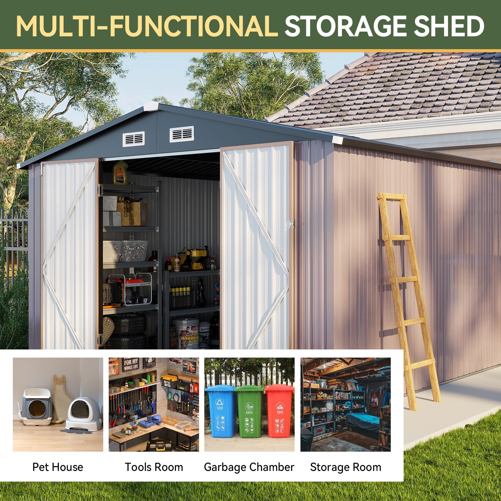 BaPiPro 10x8 ft Outdoor Metal Storage Shed, Heavy Duty Garden Tool Shed with Lockable Doors for Patio, Backyard, Brown