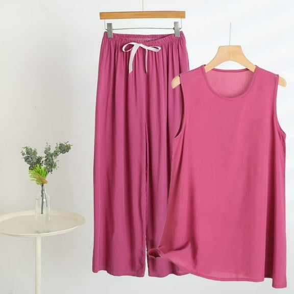 pstuiky Pajama Sets for Women Plus Size Solid Color Lightweight Sleepwear with Pants Leisure Loose Fit Crew Neck Sleeveless Pajamas Plus Size Sleepwear Purple 4XL