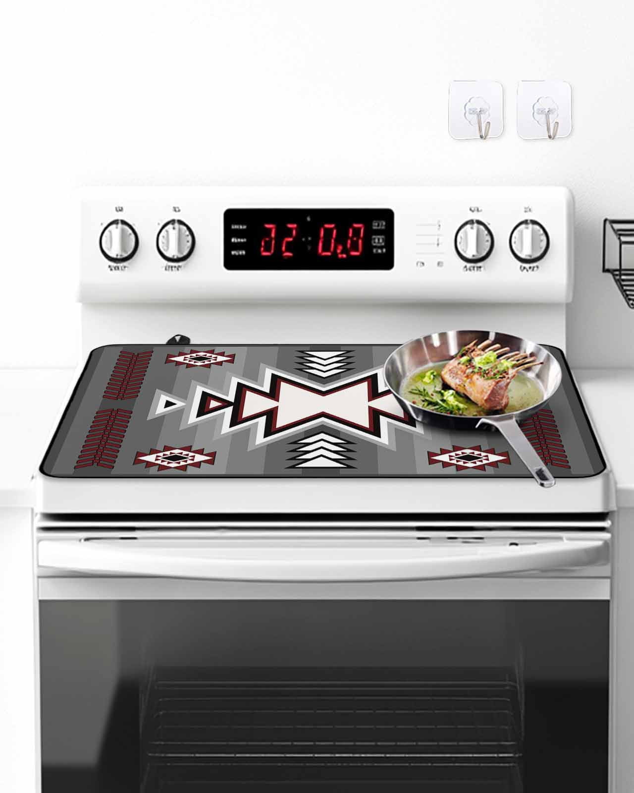 Stove Top Covers for Electric Stove, Red Gray Glass Stovetop Cover Protector, Southwest Retro Ethnic AztecTexture Bohemian Induction Cooktop Protector Oven Mat for Kitchen Countertop 24"x21"