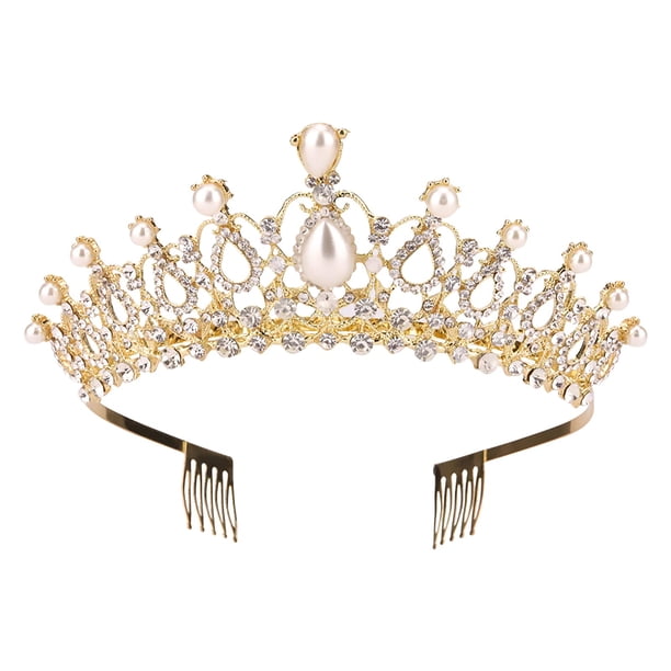 Sppry Tiara para mujer con peine, corona de cristal de perlas para novia, reina, princesa, niñas en boda, cumpleaños, desfile (dorado)