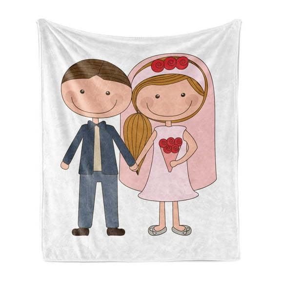 Engagement Party Soft Flannel Fleece Blanket, Cartoon Illustration of Newlywed Groom and Blonde Bride with Side Ponytail, Cozy Plush for Indoor and Outdoor Use, 70" x 90", Multicolor, by Ambesonne