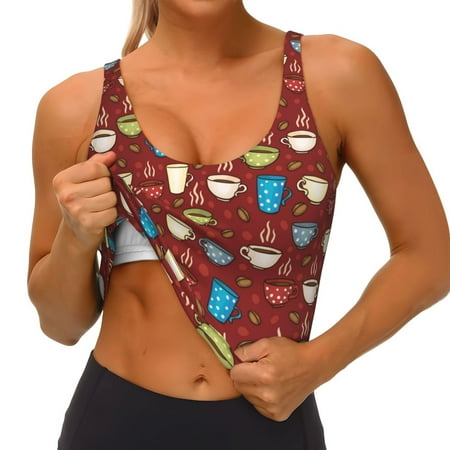 Qokaie Coffee Cups Pattern Womens Scoop Neck Sports Bra Breathable Workout Vest Padded U Back Medium Impact Fitness Gym Yoga Bra Workout Crop Top