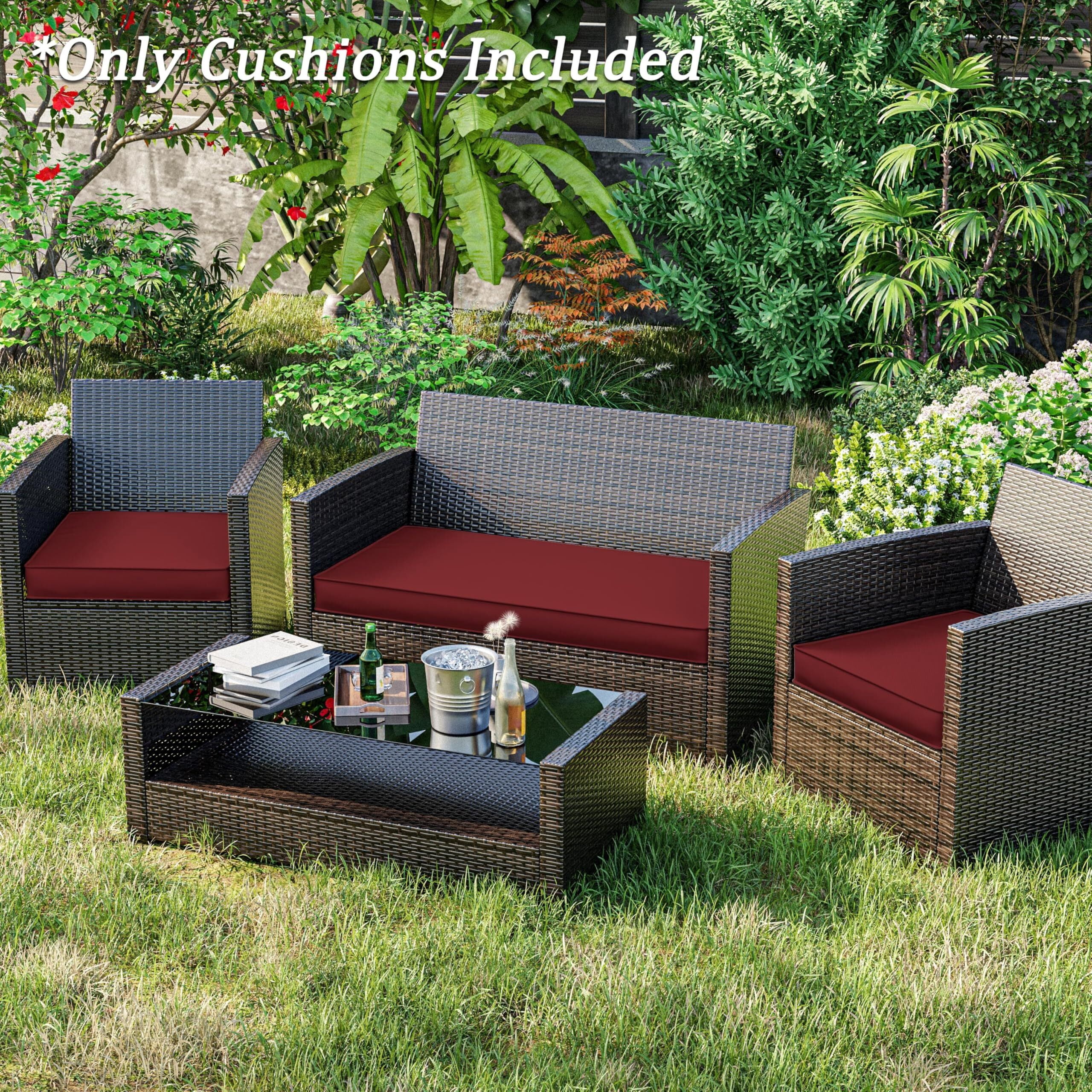 Kimunuk 3 Piece Wicker Chair Cushions, Waterproof Patio Loveseat Chair Cushions Set for Outdoor Indoor Furniture, Burgundy