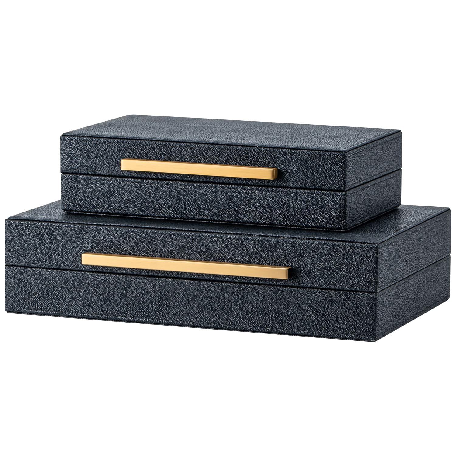 Set Of 2 Black Shagreen Storage Boxes With Metal Handles - Faux Leather Organizer  Nesting Decorative Box For Photos Memory Keepsake Home & Office Decor