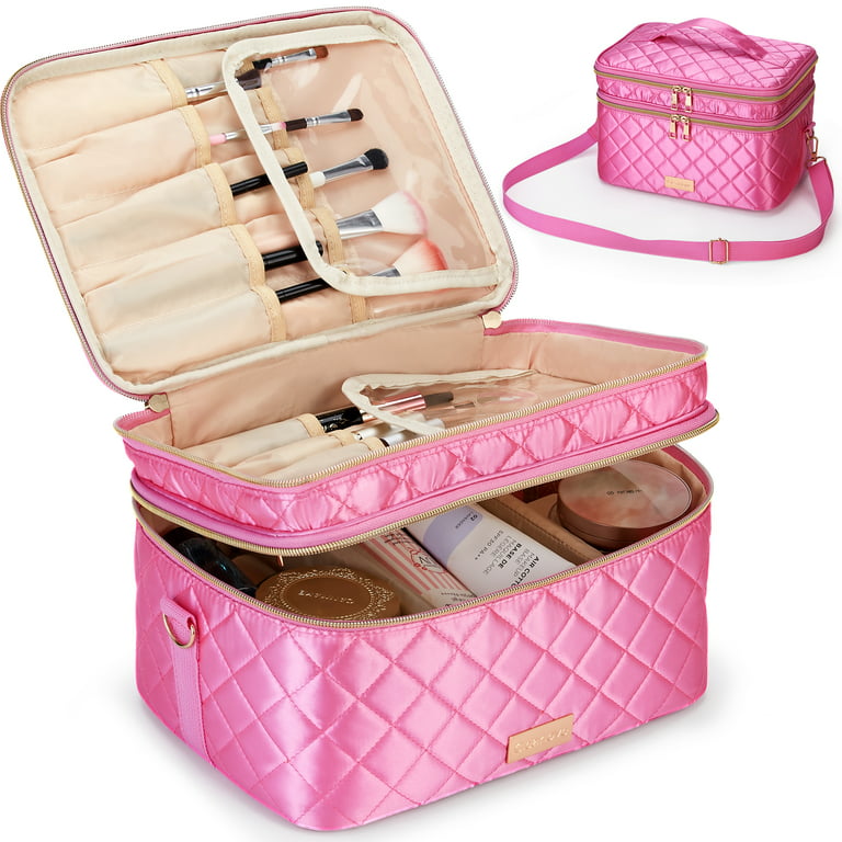 Oversigt tyveri ballade Leeten Makeup Bag Large Makeup Case for Women, Fashion Organizer for  Brushes Double Layer with Strap Cosmetic Bags for Daily Use & Travel, Pink  - Walmart.com