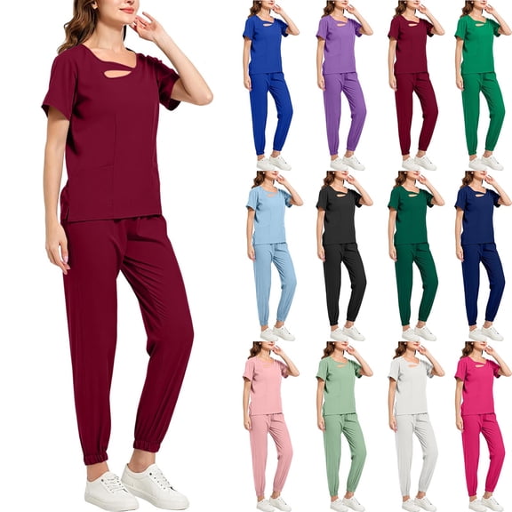 Luivaraty Women Scrubs Set Solid Color Nurse Uniform Scrubs Soft Short Sleeve Keyhole Neck Scrub Elastic Waist Pants Sets, S-2XL