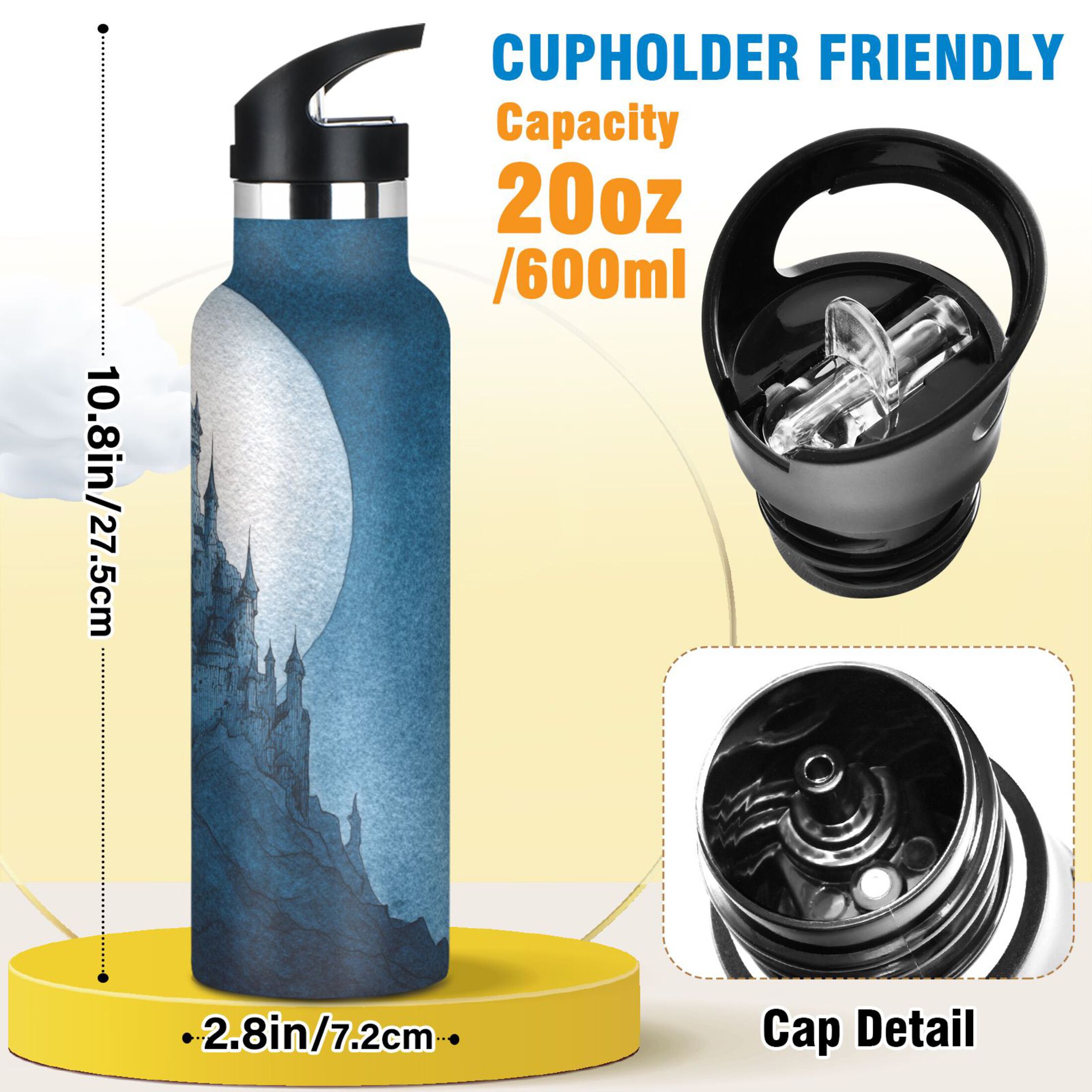 600ML Stainless Steel Insulated Cup Sports Water Bottle Portable Thermos Cup Water Glasses Insulated Tumblers Convenient and Durable Beautiful Blue Castle