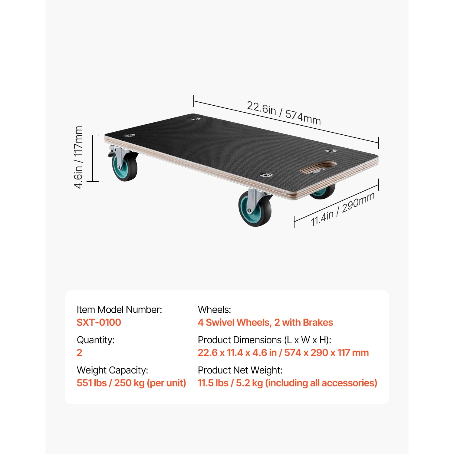 KFFKFF Furniture Mover, Supports up to 551 lbs, Equipped with 4 Quiet TPR Wheels, Rectangular Versatile Flat Transporter for Piano, Sofa, Washing Machine, Refrigerator, Pack of 2, Black