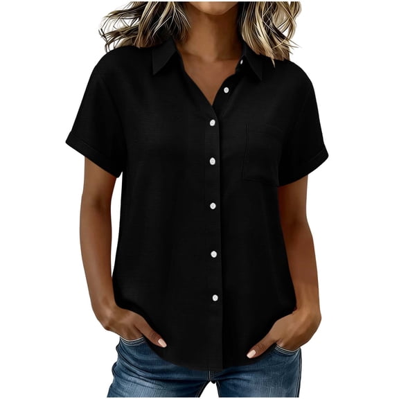 TEAJOPSUU Women Cotton Linen Tops Solid Color Button Down Short Sleeve Loose Fit Collared Blouse Back Pleats Pocket Shirt Black