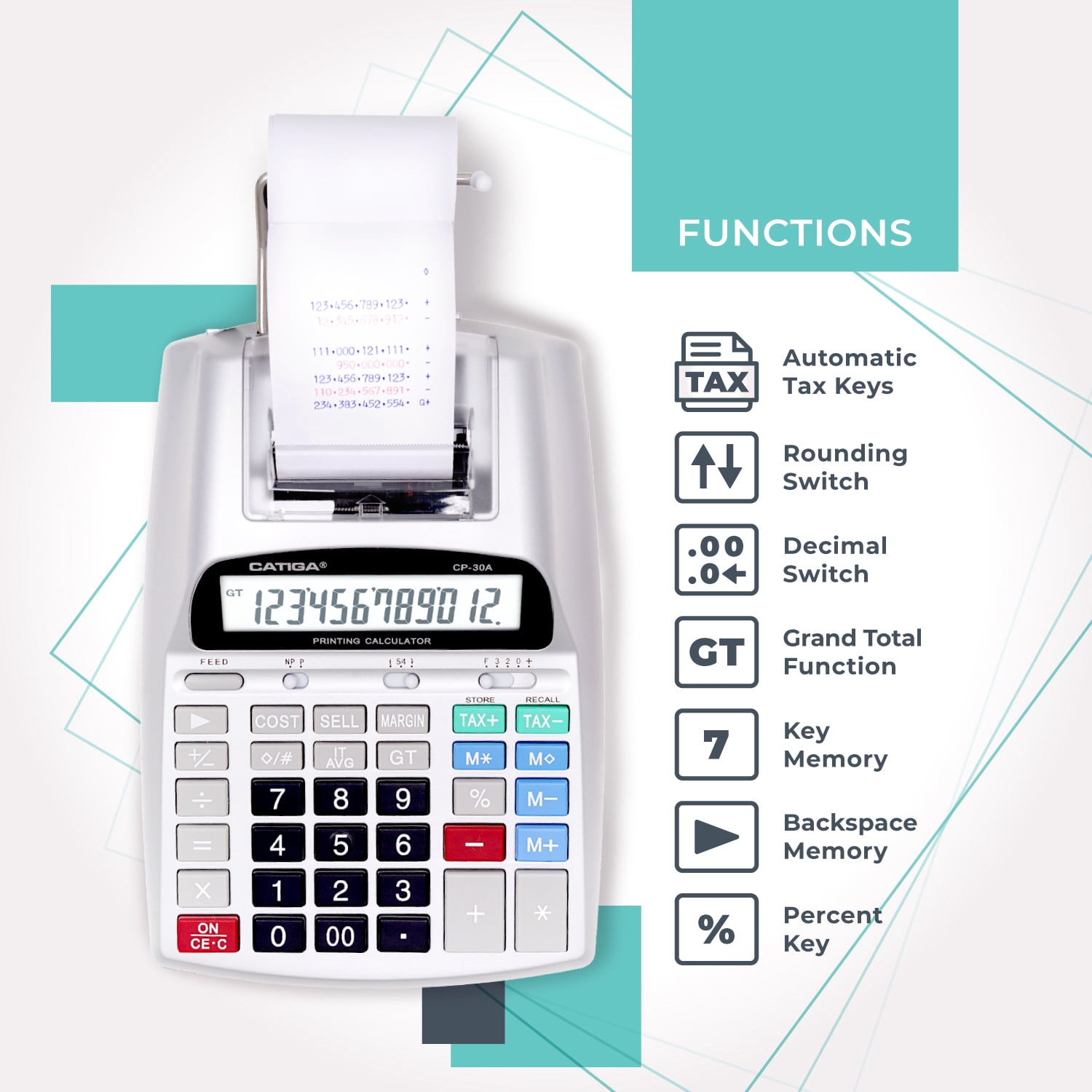 Commercial Printing Calculator, 12-Digit LCD Display, 2.03 Lines/Second, Two-Color Printing, AC Adapter (Silver)