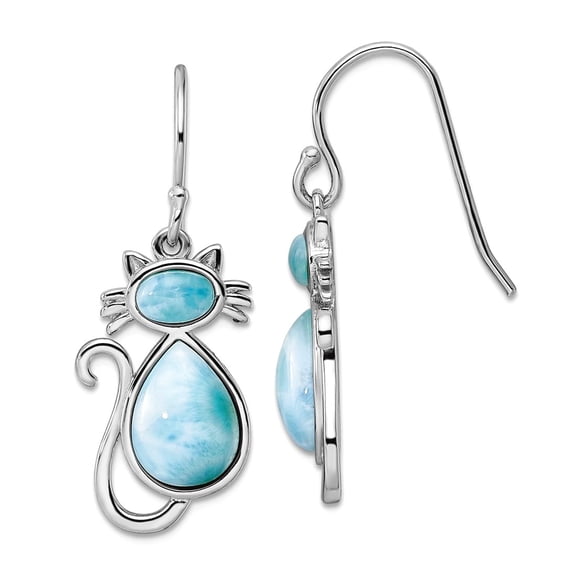 925 Sterling Silver Rhodium Plated Polished Larimar Cat Long Drop Dangle Earrings 32.25x13mm Wide Dangle Earring for Wom
