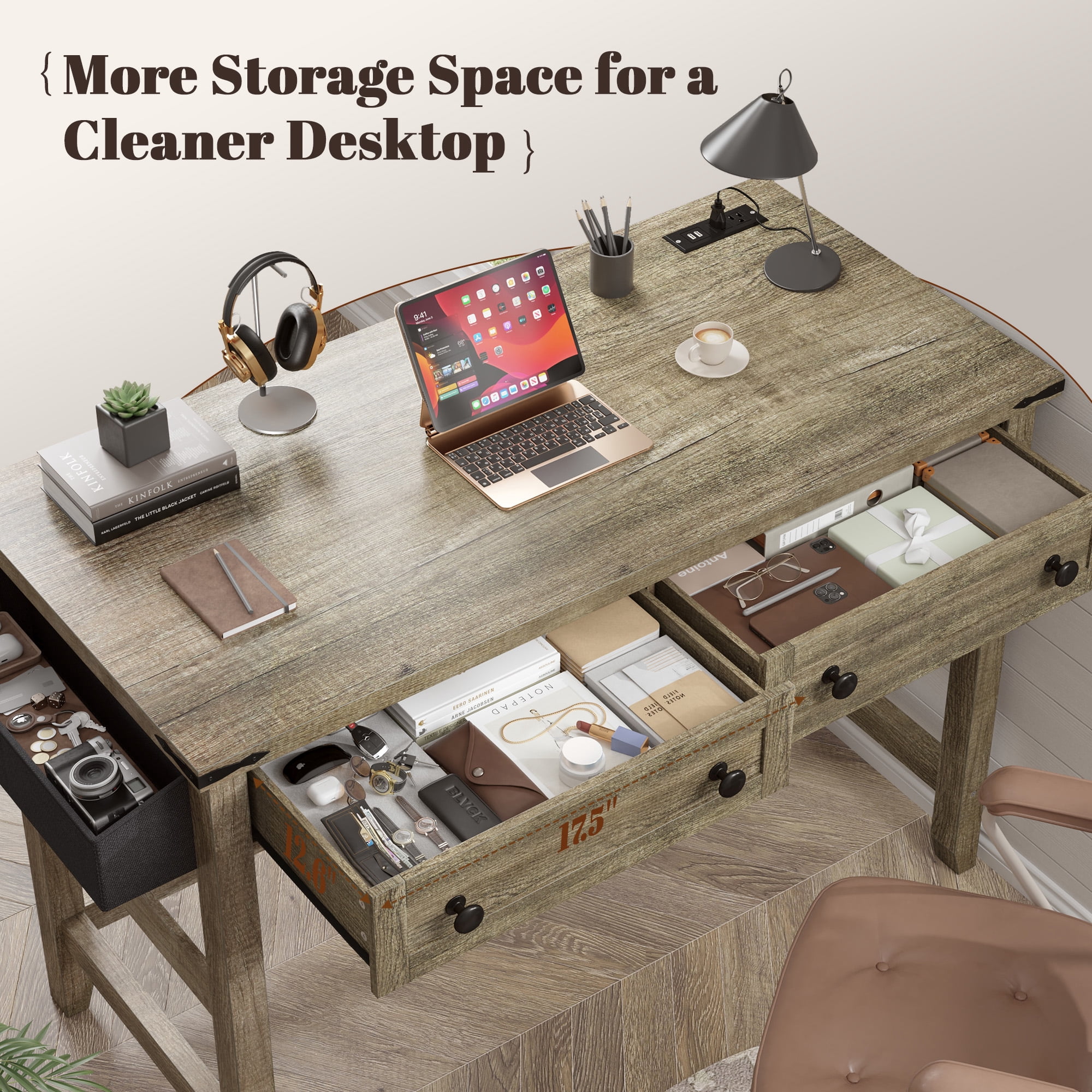 Romorgniz 40"Small Desk Computer Desk Drawers & Side Storage Rustic Home Office Desk with Power Outlets&USB,Dark Oak