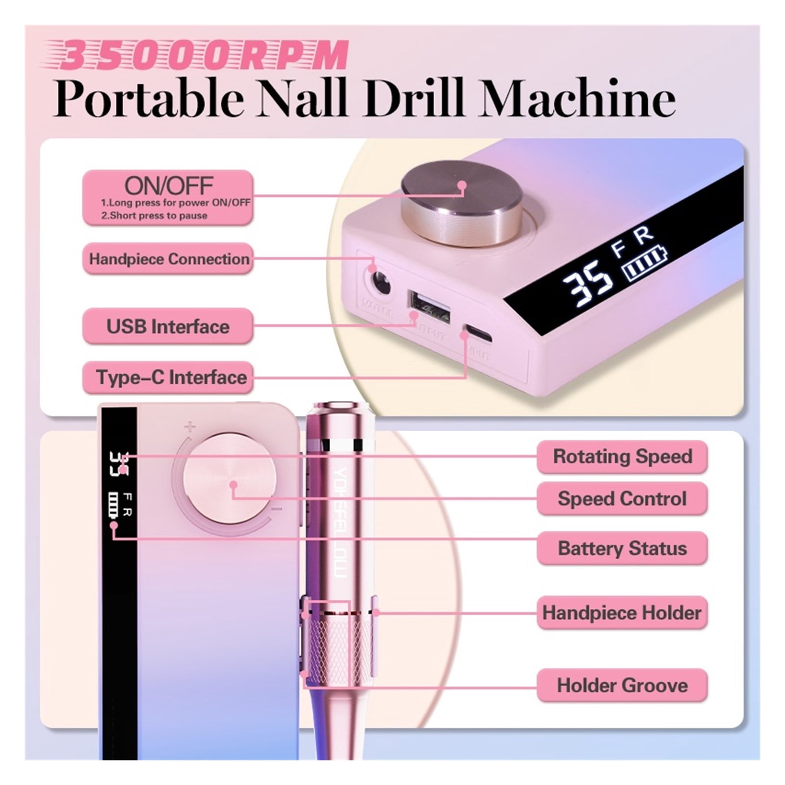 35000RPM Portable Nail Drill Machine For Acrylic Gel Rechargeable Nail Drill Electric Apparatus For Manicure Pedicure ,Low Noise