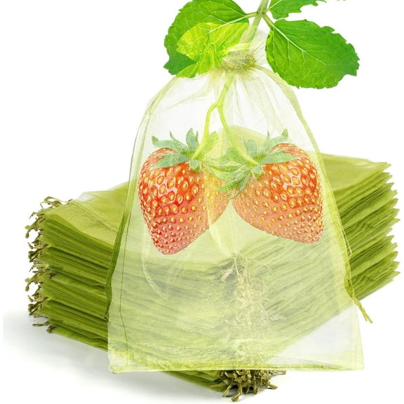 50 Pcs Fruit Protection Bags, 4×6 Inch Green Mesh Covers for Tomatoes Strawberries Vegetables, Drawstring Garden Netting for Fruit Trees
