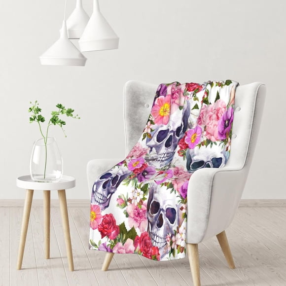 White Skulls Pink Flowers Blanket for Couch Bed Throw Blanket Aesthetic Decorative Blanket for Travel Camping Comfy Blanket Full Size Blanket 50"x60"