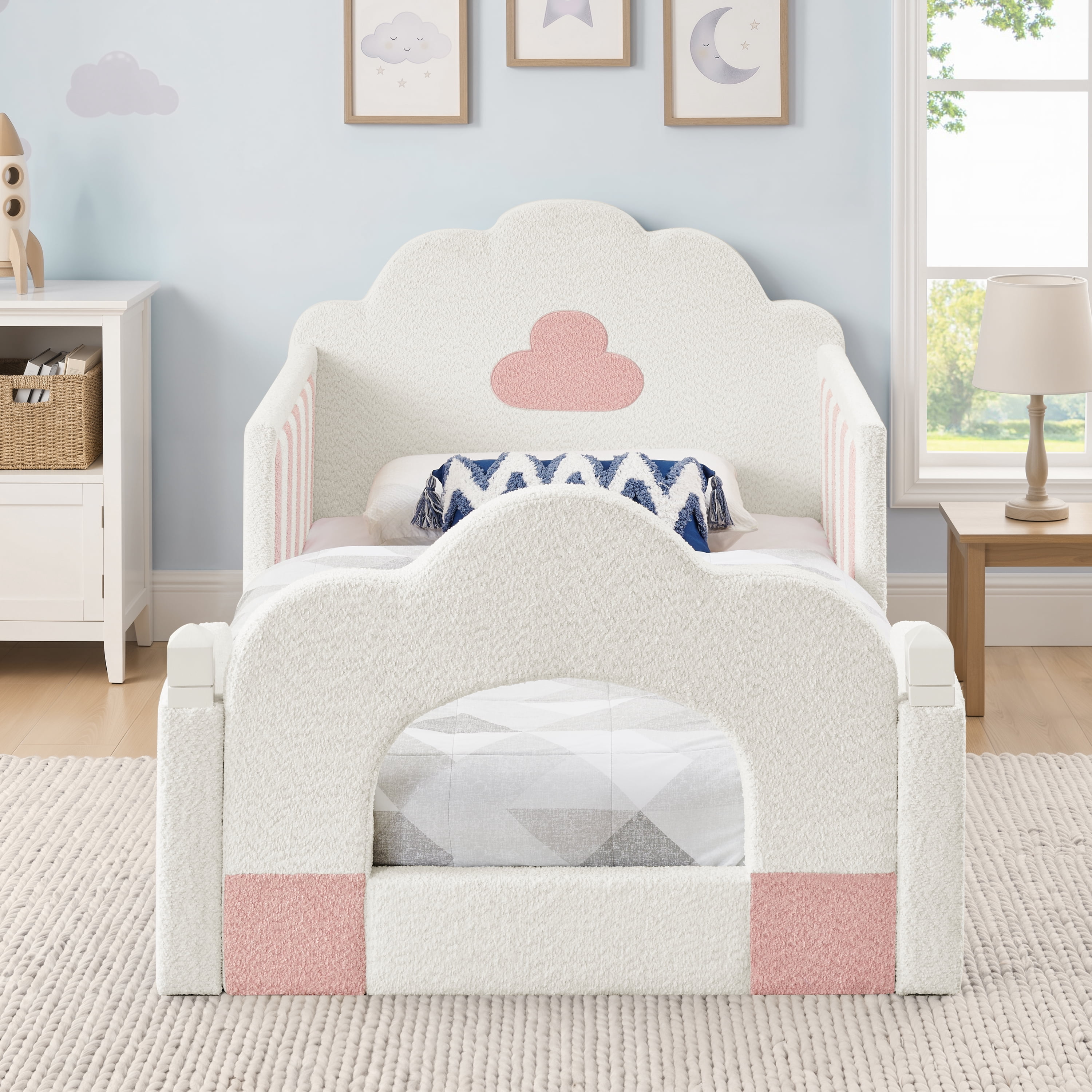 Twin Size Cloud Bed with Safety Guardrail, Solid Wood Bed Frame for Bedroom, Boucle Fabric