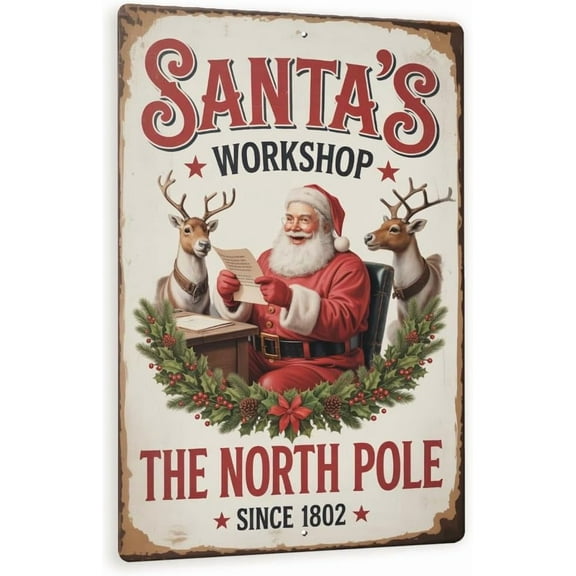 Santa’s Workshop North Pole Sign – Vintage Metal Christmas Wall Decor With Santa & Reindeer, Rustic Holiday Wreath Design 8x12