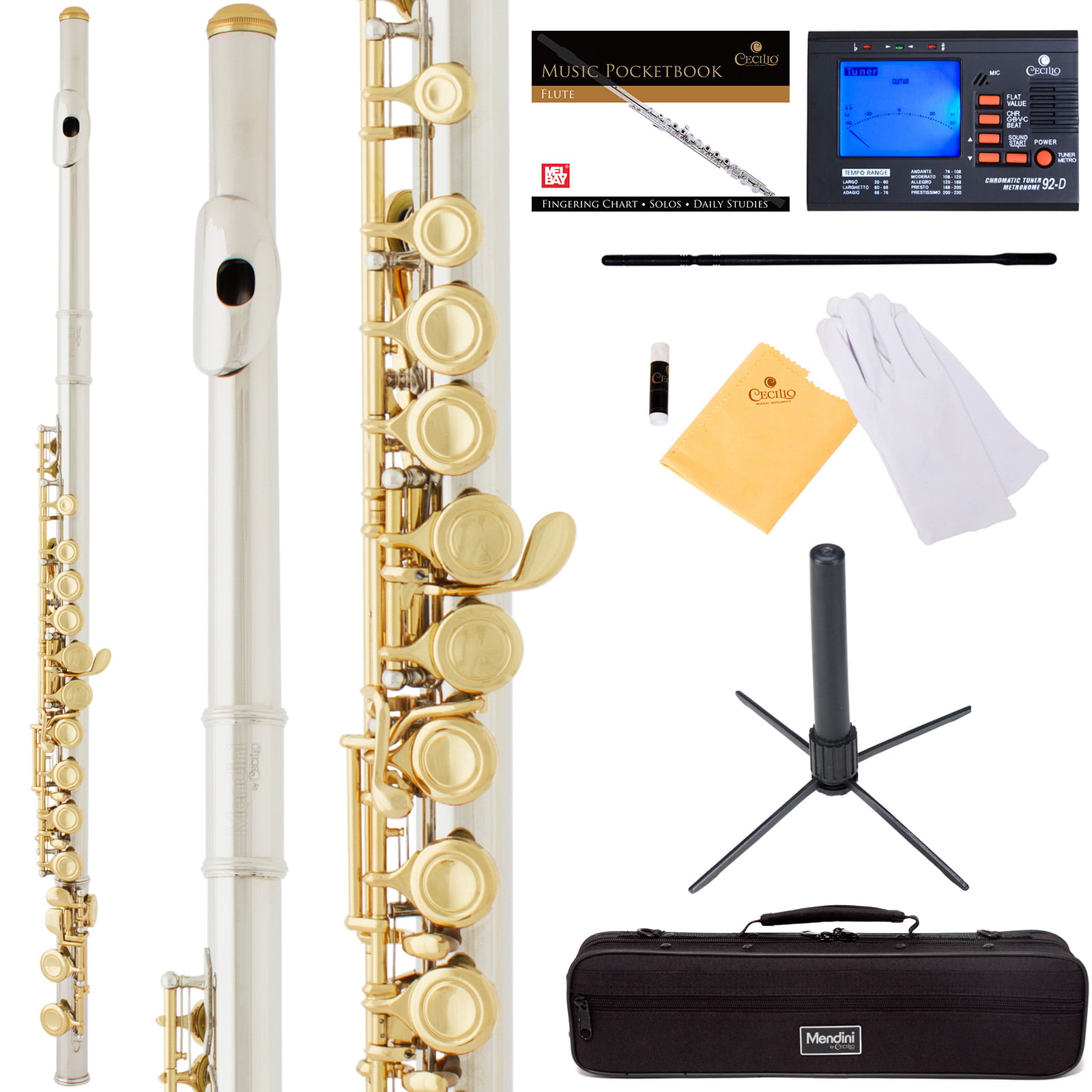 Deluxe Case and Warranty Mendini by Cecilio Premium Grade Closed Hole C Flute with Stand Nickel Plated + Gold Keys Book 