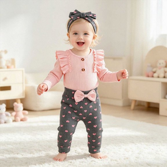 xaweyi Baby Girl 3 Piece Outfit Ruffle Long Sleeve Bodysuit Heart Print Pants Bow Headband Fall Winter Infant Clothing Set Size 3-6 Months