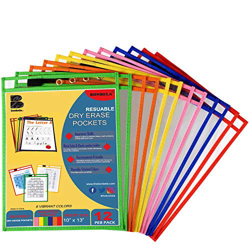 25 Pack 12 x 9 Inch Shop Ticket Holders Neon Stitched Erase Pockets Reusable Dry Erase Bags with Eyelet Transparent Folders Ticket Holders Plastic Ticket Protectors for Teacher School Supplies