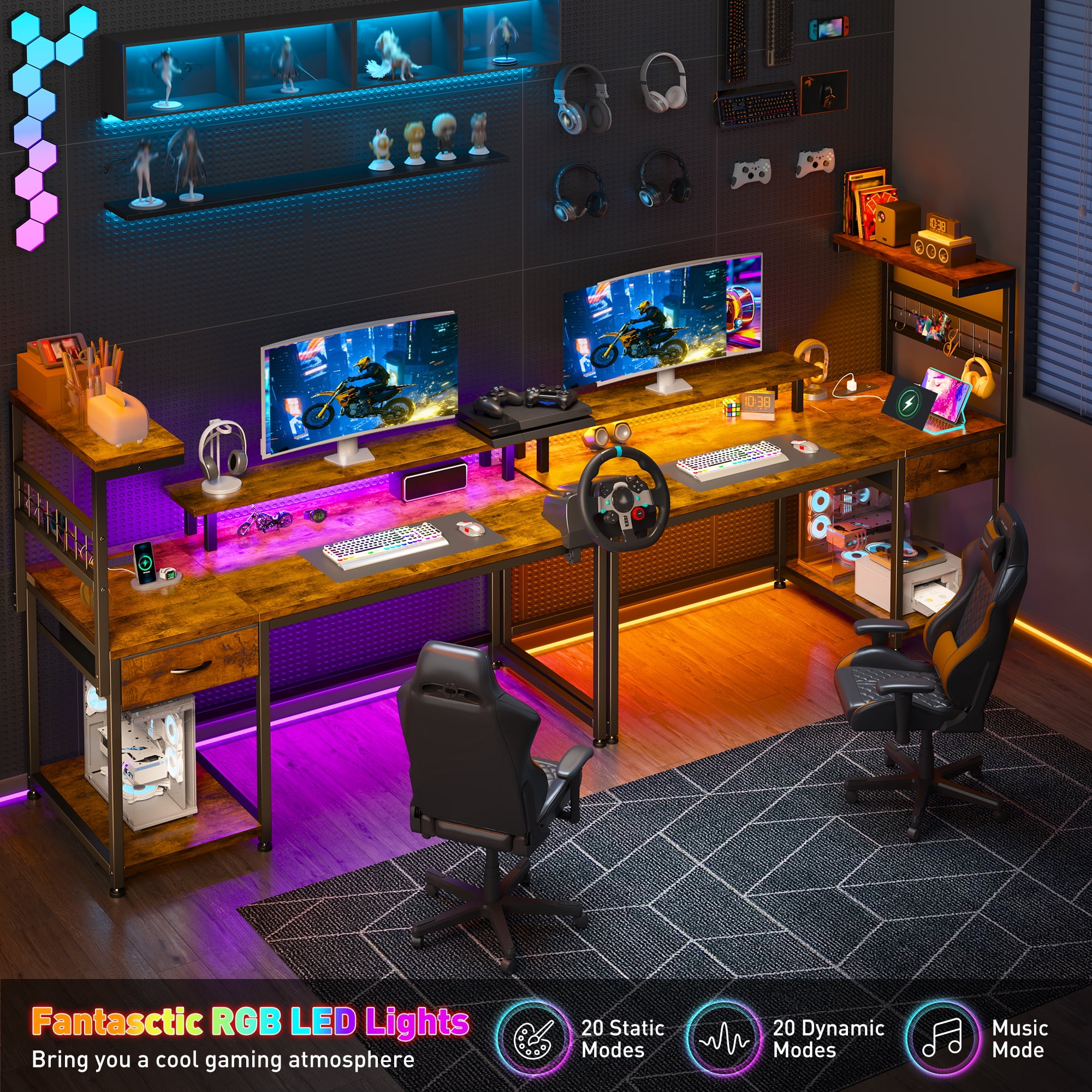 EnHomee 47.2" W Computer Desk with Power Outlets and LED Lights, Rustic Brown Gaming Desk with Drawers, Home Office Desk with Monitor Stand