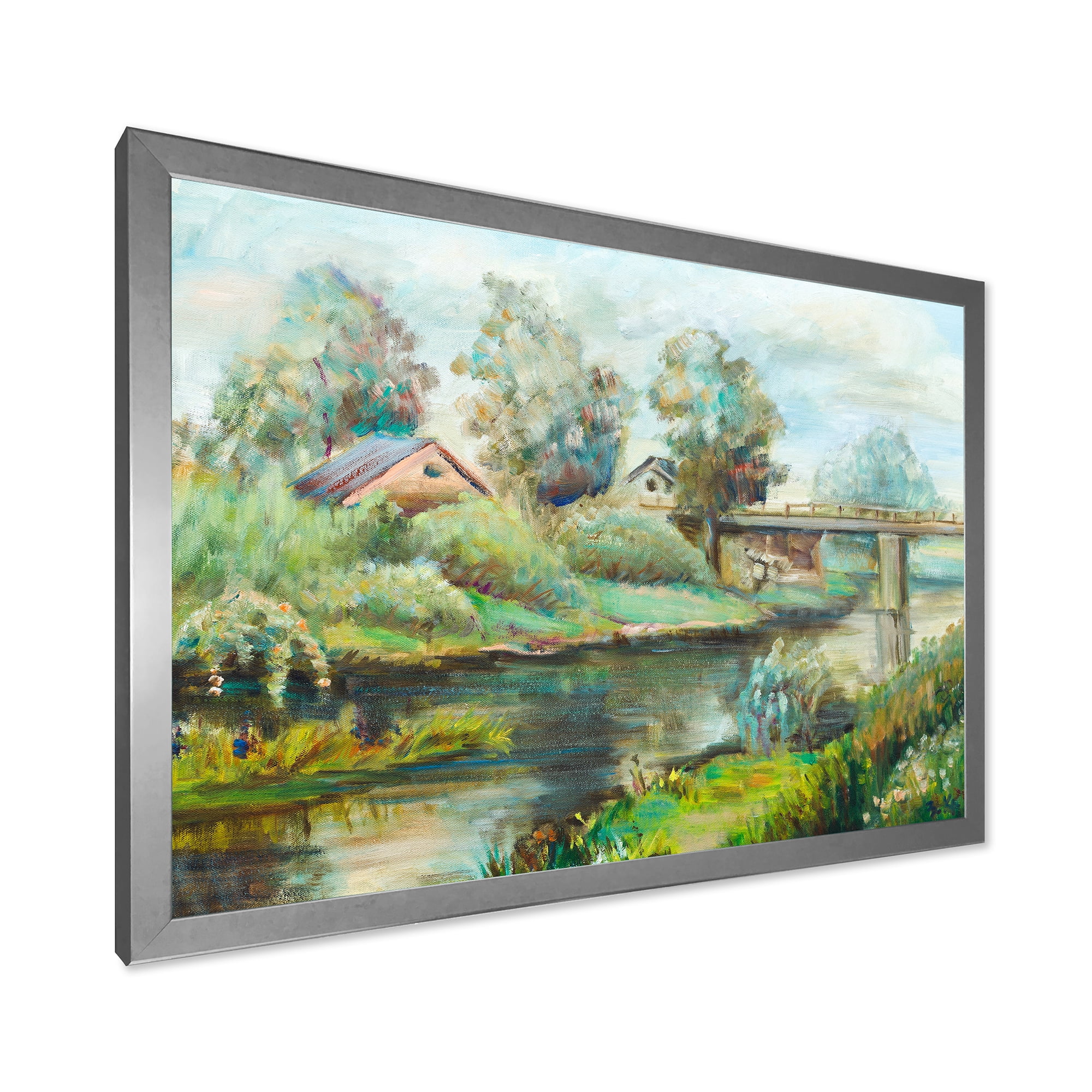 Designart 'Rustic Landscape With Bridge On The River' Lake House Framed Art Print